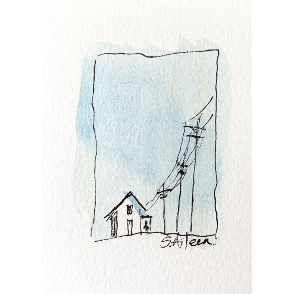 ACEO Landscape Painting Watercolor Ink Blue Sky House Powerlines Mini Signed